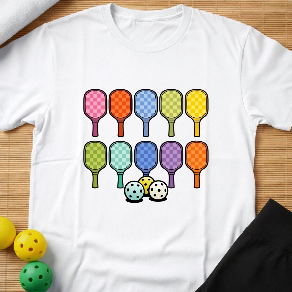 Rainbow Pickleball Paddles T-Shirt (F)
